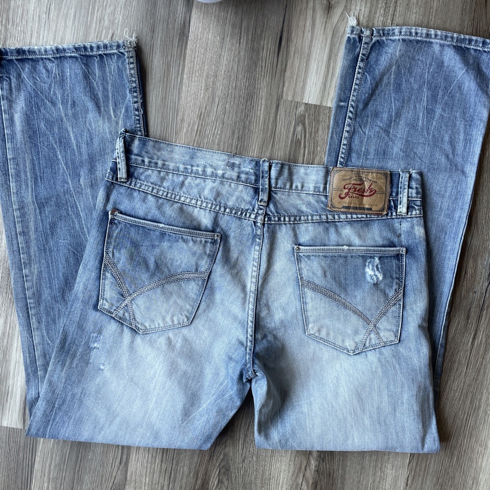 Y2K Fresh Brand Mens Distressed Light Wash‎ Straight Leg Denim Jeans 36x34 Blue